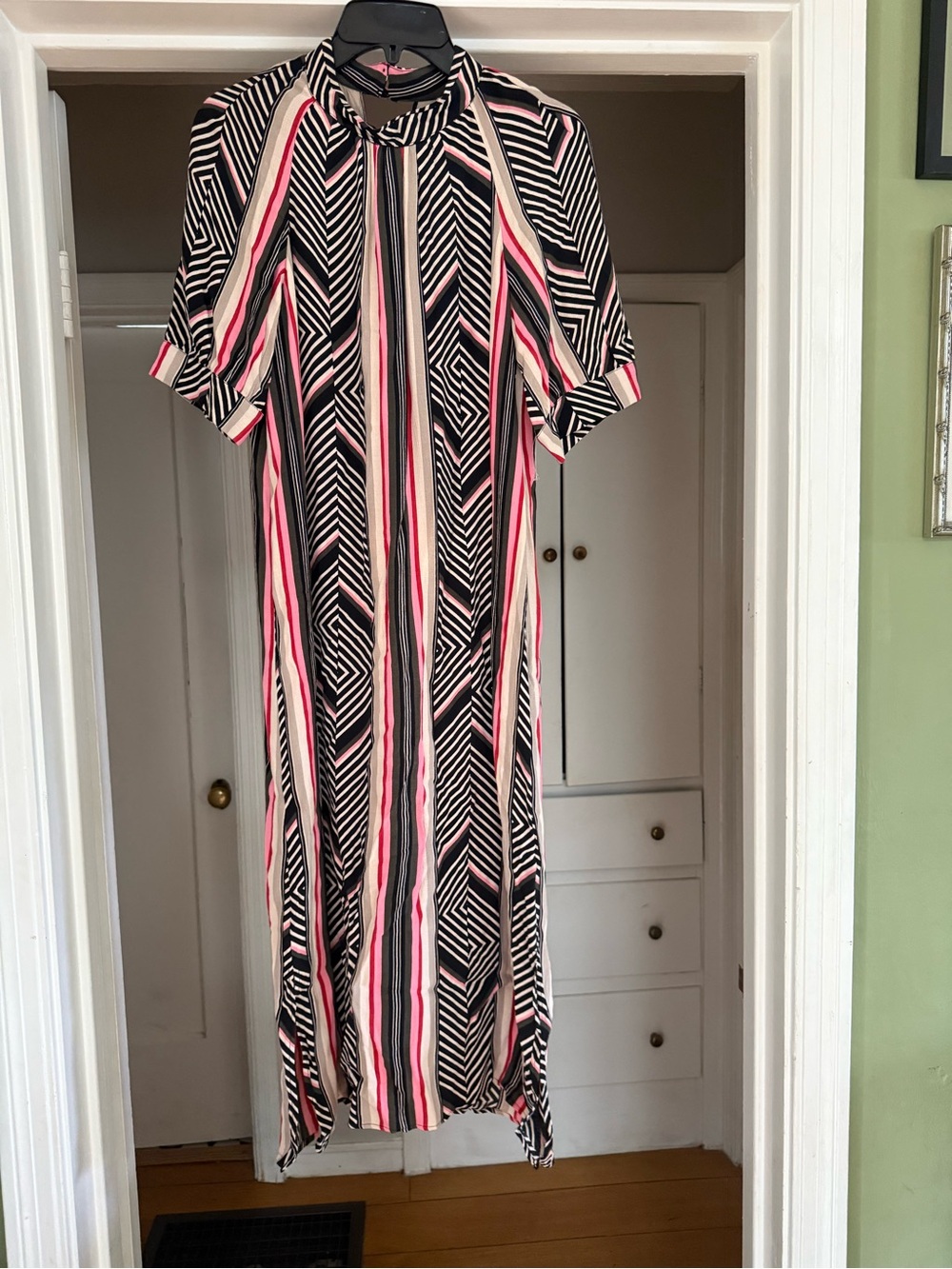 Anthropologie Black & Pink Geometric Stripe Midi Dress